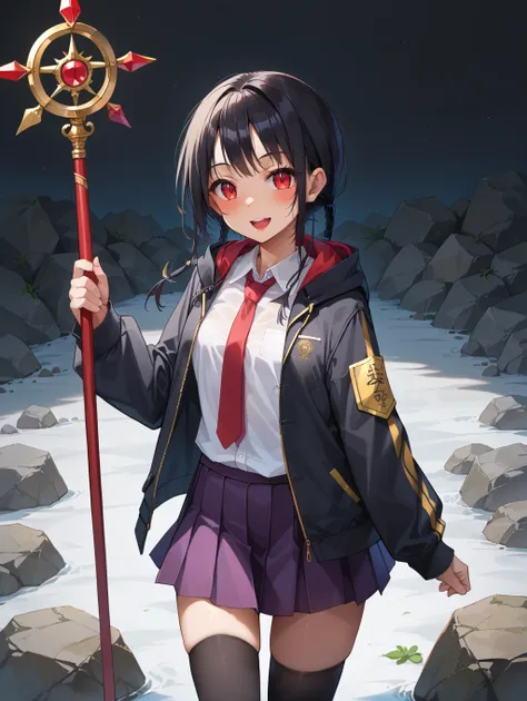 1girl, 
cowboy shot, solo, holding, zettai ryouiki, holding staff, sidelocks, long sleeves, white shirt, miniskirt, open jacket, standing, skirt, pleated skirt, smile, red necktie, shirt, red eyes, :d, looking at viewer, collared shirt, staff, hooded jacke...