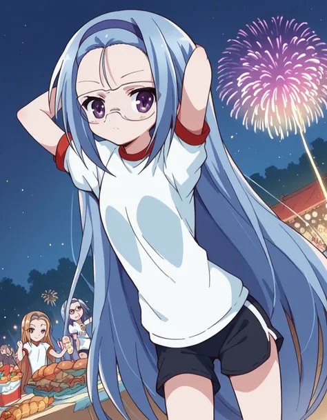 score_9, score_8_up, score_7_up, source_anime, <lora:saki-nagatsuka-s1-ponyxl-lora-nochekaiser:1>, saki nagatsuka, long hair, very long hair, blue hair, purple eyes, hairband, glasses, forehead,, gym uniform, shorts, black shorts, dolphin shorts, festival,...