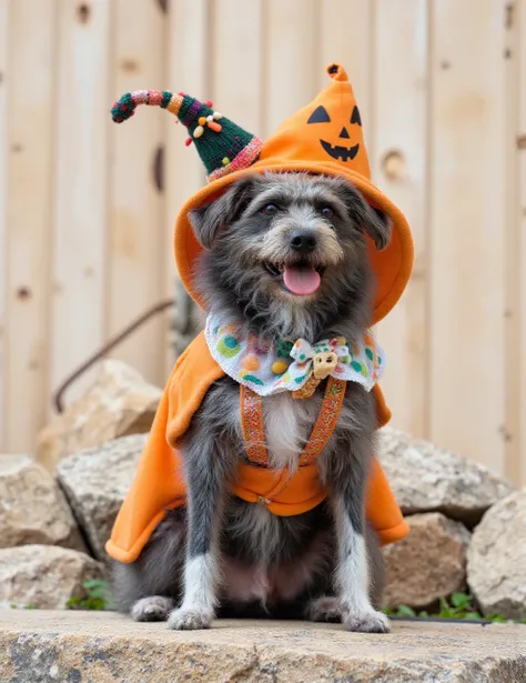 a predominantly grey and white coat dog ,a playful costume for Halloween.pumpkin and forest