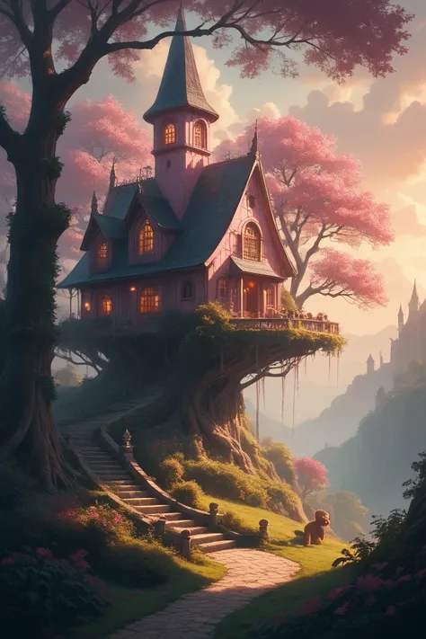 a painting of a house on a tree with a stairway leading to it