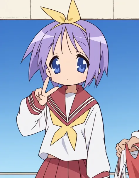 score_9, score_8_up, score_7_up, source_anime, <lora:tsukasa-hiiragi-s1-ponyxl-lora-nochekaiser:1>, tsukasa hiiragi, short hair, blue eyes, purple hair, hair ribbon, yellow ribbon,, skirt, long sleeves, school uniform, pleated skirt, serafuku, sailor colla...