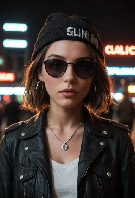 score_9, score_8_up, score_7_up, face close up, alternative girl, watching over black sunglasses, jacket, necklace, neon light reflections on skin, ear ring, makeup, skin imperfection, short hair, beanie, neon lights background, low light, depth of field, ...