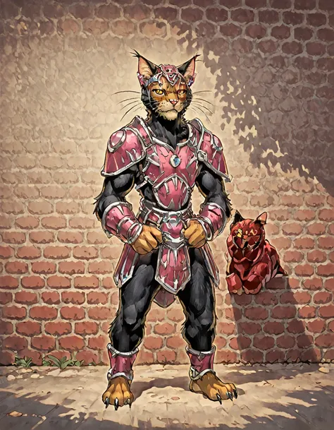 score_9, score_8_up, score_7_up, cat    ,  battle beast,  red armor, pink trim  ,  <lora:battlebeast:1>,   wall drawn  ,furry