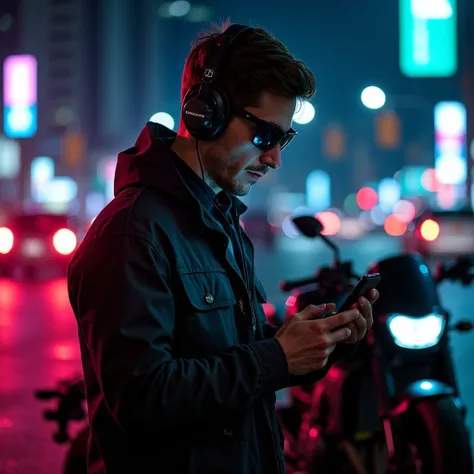 Barthuc as cyberpunk cyborg, near his motorcycle, in night city, he is checking his phone, rgb lighting, futuristic, cinematic lighting, hyperrealistic, focused, extreme details, cinematic, masterpiece, detailed eyes