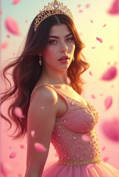 N0r_Gal_Ritchie,<lora:N0r_Gal_Ritchie:1>,girl, Soft focus, Vibrant colors, Dreamy atmosphere, Bright sunlight, Pastel background, Dew drops, Petals, Serene expression, Gentle breeze, Highly detailed, Ornate dress, Gold and silver accents, Jewels, Illustrat...