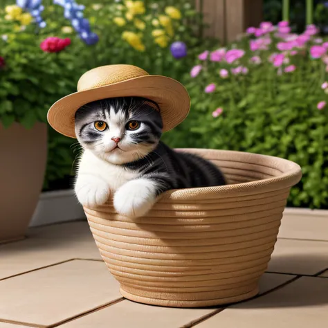 masterpiece, intricate photo, cute scottish fold kitten wearing panama hat, sitting in a flower pot in the garden, animal photography, hyper realistic, highly detailed, sharp focus,  best quality, high resolution, cozy outdoor lighting,  colorful,  <lora:P...