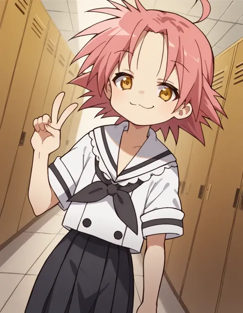 score_9, score_8_up, score_7_up, source_anime, <lora:akira-kogami-s1-ponyxl-lora-nochekaiser:1>, akira kogami, short hair, yellow eyes, pink hair, ahoge,, school uniform, serafuku, black neckerchief, skirt, black skirt,, school hallway, lockers, between cl...