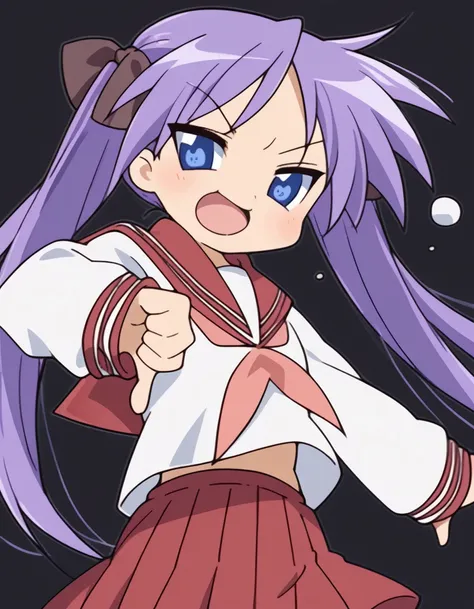 score_9, score_8_up, score_7_up, source_anime, <lora:kagami-hiiragi-s1-ponyxl-lora-nochekaiser:1>, kagami hiiragi, long hair, blue eyes, ribbon, twintails, hair ribbon, purple hair,, skirt, long sleeves, school uniform, pleated skirt, serafuku, sailor coll...