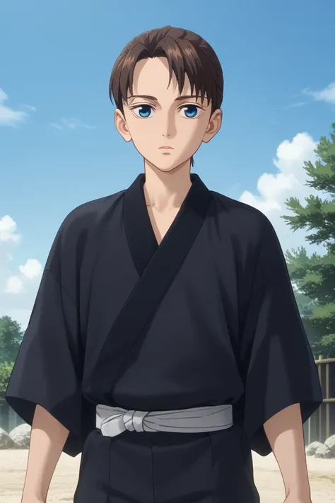 score_9, score_8_up, score_7_up, score_6_up, score_5_up, score_4_up, yukiya, brown hair, blue eyes, japanese clothes, black kimono, 1boy, male focus, solo, sky, cloud, day, blue sky, outdoors, kimono, anime coloring, holding, hammer, mallet, tree, looking ...