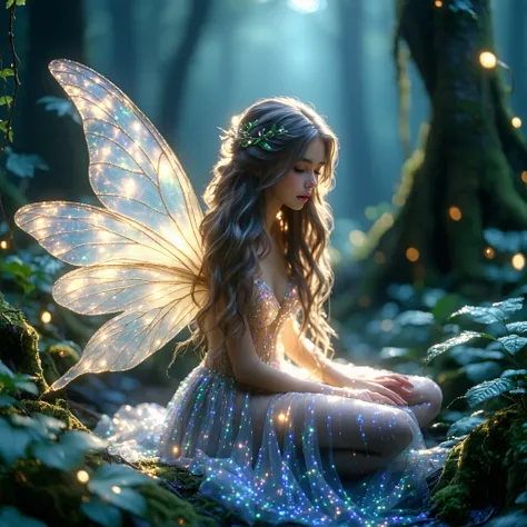 A detailed a fairy girl with delicate, transparent wings sitting gracefully on the ground. She has long, wavy hair, and her ethereal beauty is highlighted by soft, glowing light. The background features a magical forest with twinkling lights and foliage. T...