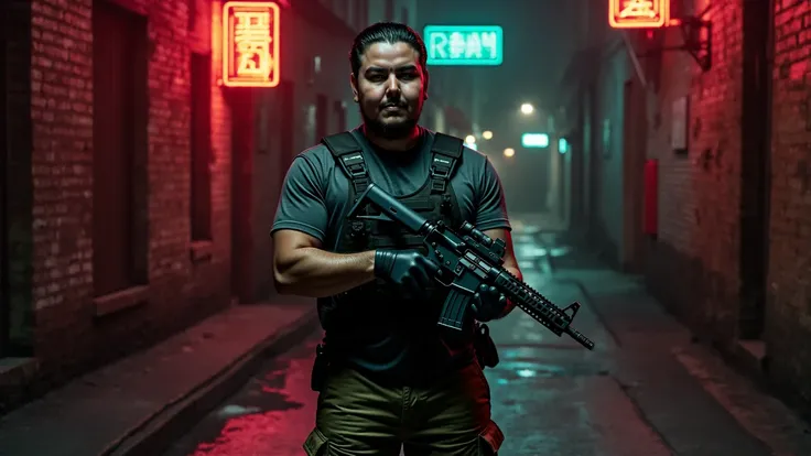 A Hispanic man with slicked-back black hair and a light beard stands confidently in the center of a dark, gritty alleyway. He wears a tactical vest over a grey shirt and cargo pants, with military boots completing the rugged look. His expression is smug, w...