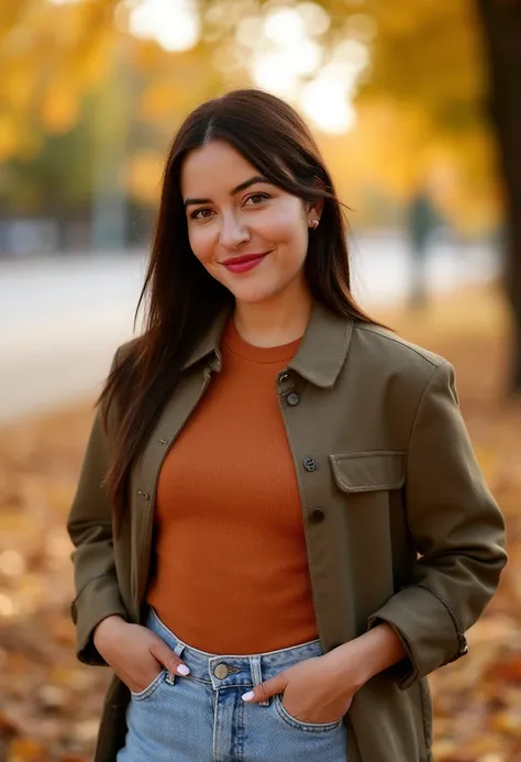 an amateur photo of alineabboud, a smiling woman, wearing lipstick and modest casual autumn clothes and jeans on a sunny autumn day.