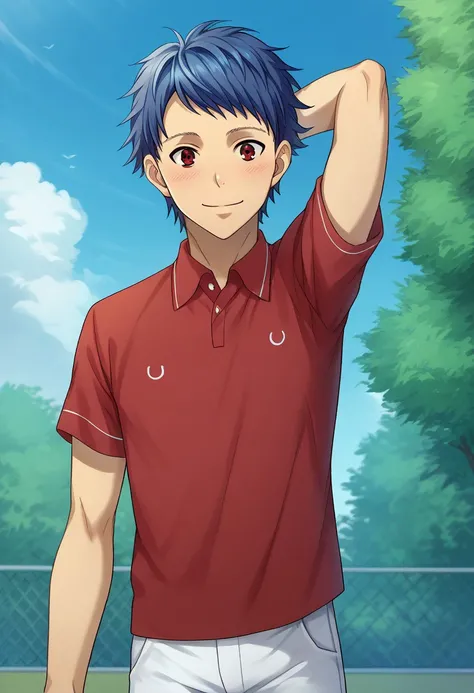 score_9, score_8_up, score_7_up, source_anime, highly detailed, 

Ichijou, 1boy, male focus, solo, blue hair, short hair, red eyes, polo shirt, red shirt, short sleeves, pants, white pants, hand behind head, blush, smile, closed mouth

outdoor, sky,