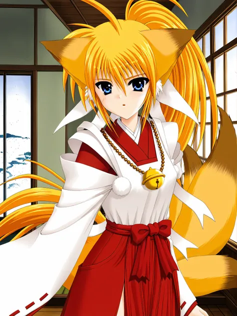 masterpiece, best quality, high quality, aesthetic, absurdres, insanely detailed,
1girl, kuon (triangle heart), animal ears, fox ears, miko, tail, japanese clothes, blonde hair, fox tail, long hair, red hakama, bell, hakama, hakama skirt, skirt, jewelry, p...