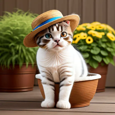 masterpiece, intricate photo, cute scottish fold kitten with panama hat, sitting in a flower pot, animal photography, hyper realistic, highly detailed, sharp focus,  best quality, high resolution, cozy outdoor lighting,  colorful,  <lora:PanamaHatConcept_v...