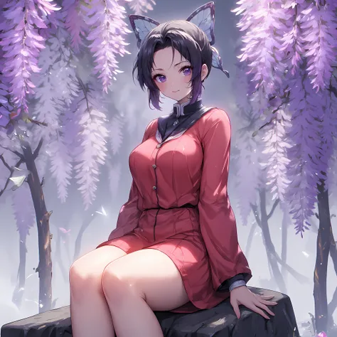 Kochou Shinobu, Kochou Shinobu stands confidently in a realistic illustration, rocking sailor collar and red short dress. Her hair is short, black, and styled with a side ponytail and a butterfly_hair_ornament, , while her eyes are a striking purple. She i...
