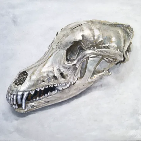 oil on canvas, (wolf skull), made out of a silver, shiny, (three fourths view), (mouth open), sharp teeth, closeup, big strokes, simple and clean, contest winner