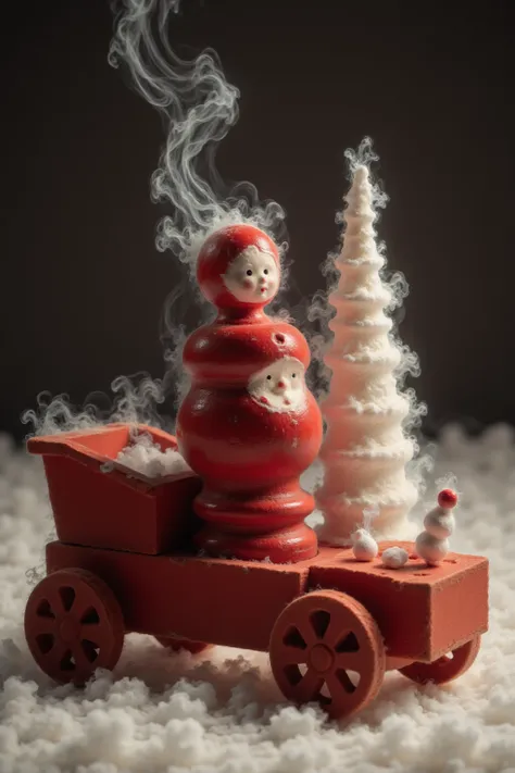 <lora:merryallfday_flux:1> lot of red wood toy of chrismas, merryallday, <lora:Smoke_Cloth_v2:1> smoke