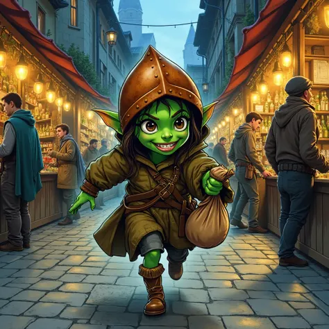 Imagine an image in the style of detailed graphic novel artwork:
A cunning goblin thief scurries through a bustling medieval marketplace at twilight. She wears a patched leather tunic, her small frame darting between stalls. A rusty copper norman helmet si...