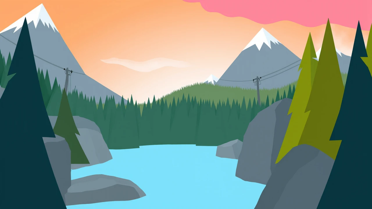 A painting of a beautiful scene of a mountain lake. The lake is surrounded by tall trees. The sky is orange and pink. There are large mountains in the background. There is a forest of trees surrounding the lake. There large rocks in the water. There some p...