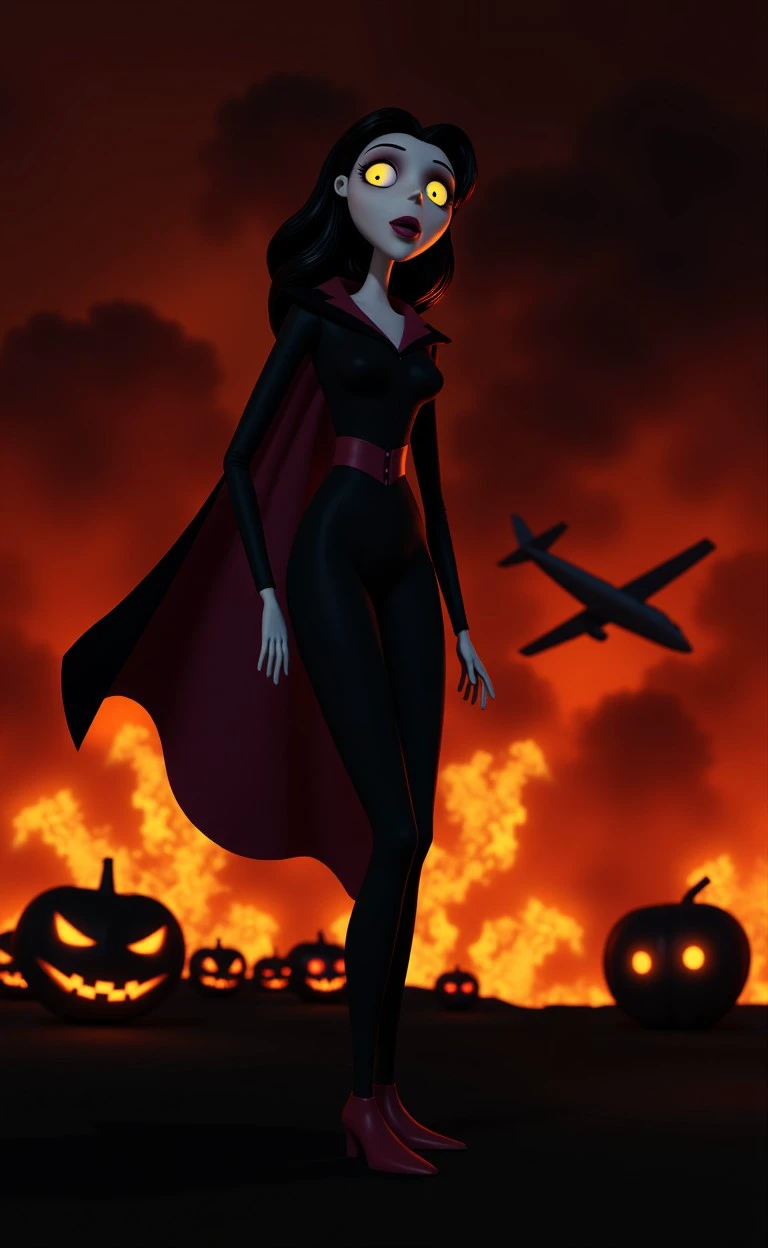 frenwenog_style woman, bright, Halloween theme plane crash at background, explosions, in animation style, basety style, woman superhero, dramatic, detailed background in abbe bi style, 
<lora:flux_halloween_s03_frankenweenie_frenwenog_style:0.85>