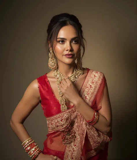 A stunning eshag woman poses confidently in a striking saree with sleeveless blouse. Her gaze locks onto the camera with seductive intensity, as if daring onlookers to look away. The background is expertly blurred, drawing attention solely to her radiant p...