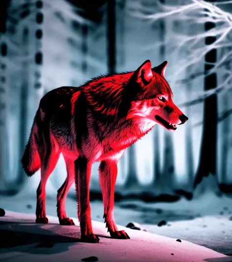 surreal fantasy theme, dangerous fierce wolf, dreamlike, max details, dynamic, great lighting, perfect shading, atmospheric, best quality, sharp focus, high contrast, stylized, clear, surreal, ultra quality, 8k, best quality, pixeldust red,