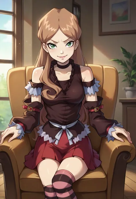 score_9, score_8_up, score_7_up, source_anime,  <lora:Sophie_Casterwill-000009:0.8> Sophie Casterwill, 1girl, long hair, brown hair, green eyes, detached sleeves, choker, red skirt, striped legwear, thighhighs, smile, sitting, living room, chair, looking a...