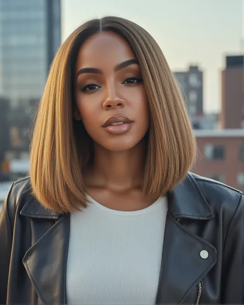 headshot portrait, modern photography style starring beautful ebony woman with model-like features in a professional photoshoot, chestnut blond straight bob hair.studio lighting rooftop city skyline setting. Wearing simple white crewneck shirt and leather ...