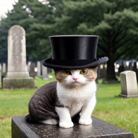 cute animal cat with tophat at the cemetery, <lora:TopHatConcept:0.7>
