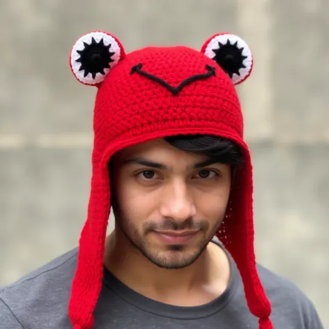 A man with black hair wearing a red crochet froggy hat <lora:Froggy_Hat:1>