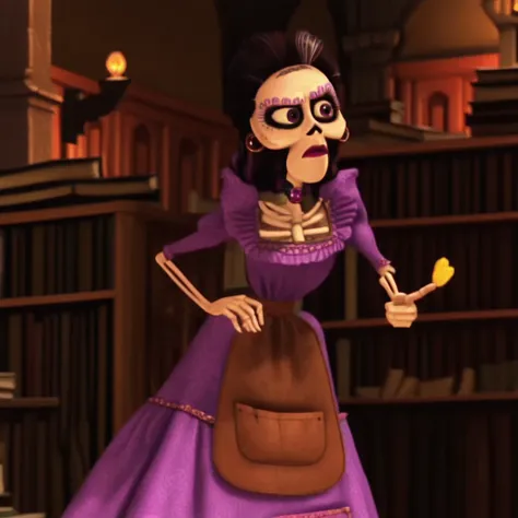 candle, black hair, makeup, imelda, bookshelf, screencap, architecture, earrings, standing, brown apron, eyelashes, books, boots, leaning forward, pointing, petal, white streaked hair, purple dress, solo