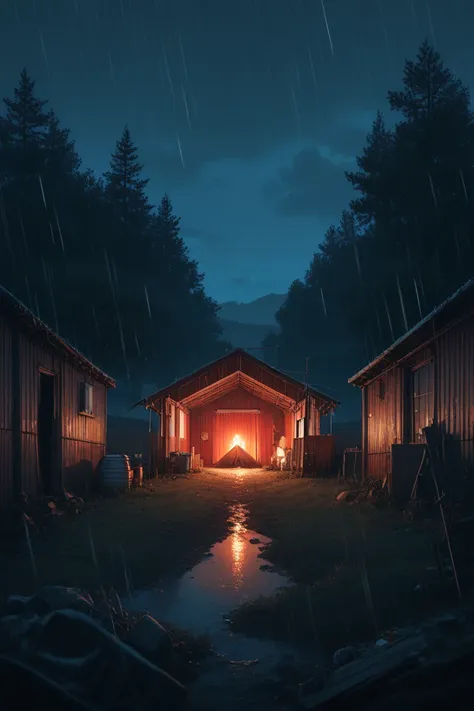 there is a barn with a fire in the rain at night