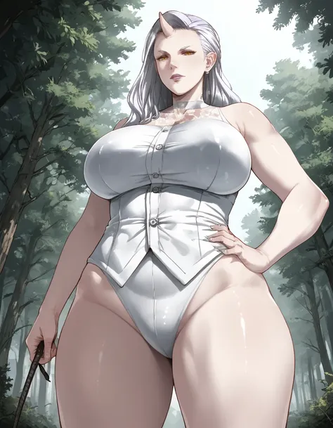 score_9, score_7_up, rating_safe, solo, outdoors, forest, 
1girl, <lora:Frost:1> frost, single horn, pale skin,  huge breasts, hand on own hip, giantess, dominatrix, from below, looking at viewer, <lora:StS_age_slider_v1_initial_release:2>