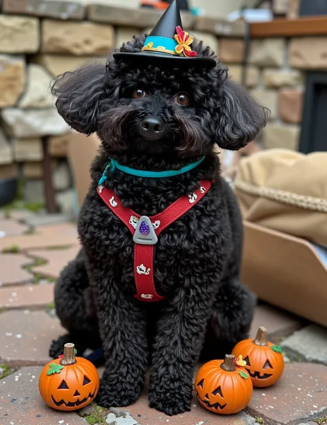 A charming black Goldendoodle transformed into a whimsical Halloween prankster, their naturally curly fur styled into playful mini-pumpkin shapes. Their coat sparkles with tiny orange and purple glitter, while their signature red harness is decorated with ...