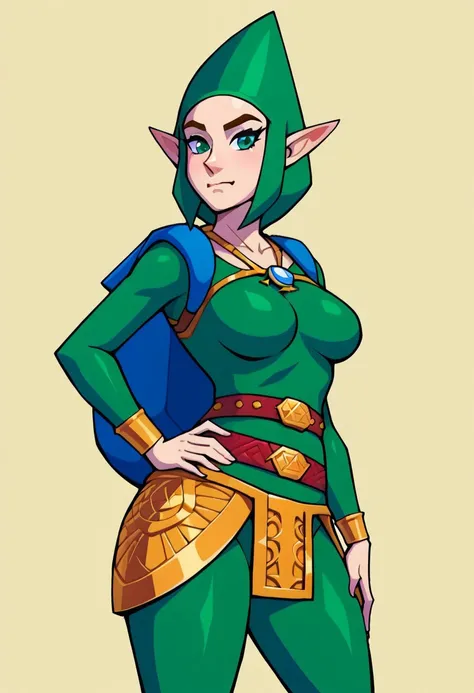 1girl, solo, breasts, looking at viewer, medium breasts, closed mouth, green eyes, cowboy shot, pointy ears, hand on hip, princess zelda
Tingle costume, green bosysuit, leather belt, gold buckle, watch around the neck, green hood, blue backpack, green boot...