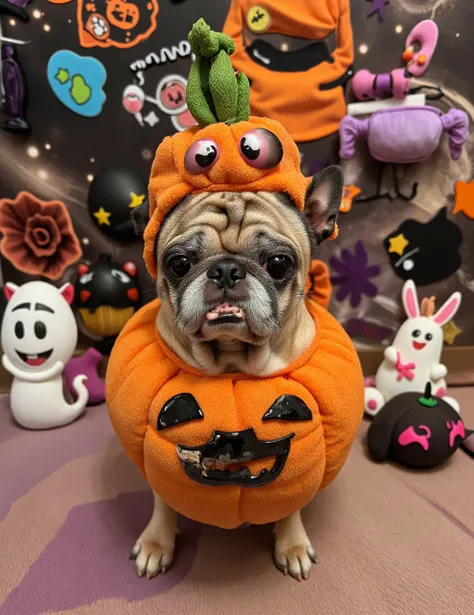 aidmaMJ6.1, A playful photograph of a charming pug dressed in a humorous pumpkin costume, complete with a silly hat and oversized eyes, surrounded by colorful Halloween decorations like whimsical ghosts and cheerful bats, looking adorably confused., Chuck_...