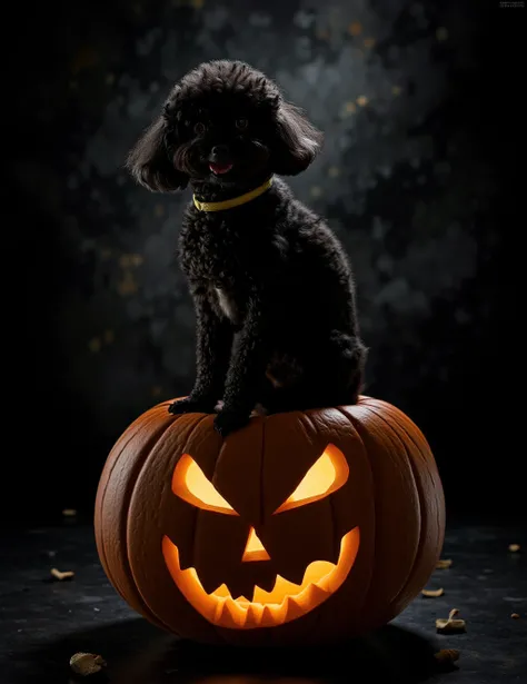 aidmaMJ6.1, Create a mesmerizing photo realistic photo a black dog,   sitting atop a large, carved pumpkin. The silhouette of the cat is dramatically highlighted against a pitch-black background, with its luxurious fur glowing ominously in a chilling super...