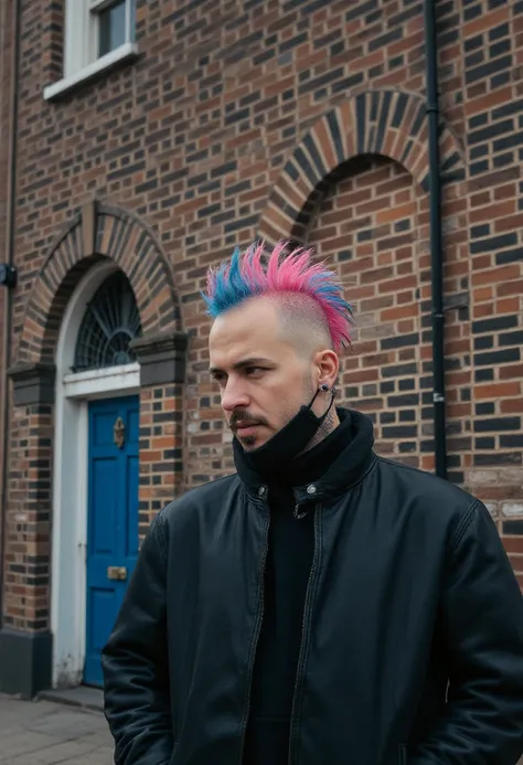 a man with with a stud in his ear, wearing a leather jacket and a pink and blue punk mohawk, stood in front of a tall brick wall with a blue door in it