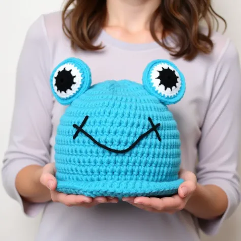 A person holding a blue crochet froggy hat in their hands in front of their body <lora:Froggy_Hat:1>