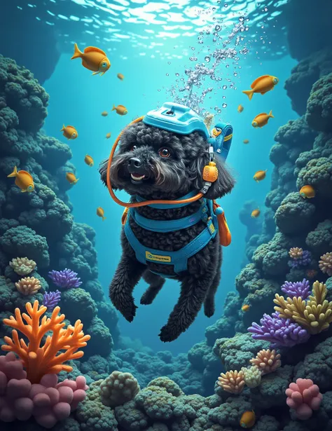 Envision this dog as an adventurous underwater explorer equipped with a tiny, high-tech diving suit. Picture it swimming alongside colorful fish and vibrant coral reefs, its eyes wide with wonder. Describe its playful interactions with friendly sea creatur...