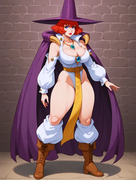 TessaTabasaV2, 1girl, solo, short hair, red hair, blue eyes, witch, witch hat, lips, lipstick, big breast, big boobs, large breast, cleavage, thick thighs, necklace, sleeves, long sleeves, detached sleeves, bare shoulders, white blouse, navel, thong, white...