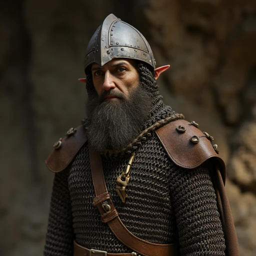 a goblin wearing a rusty chainmail shirt and a rusty and dented norman helmet standing in a cave