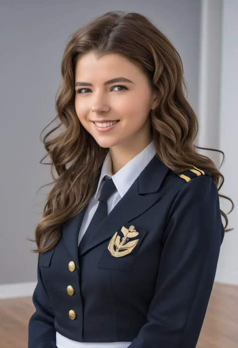 (ultra-detailed:1.2, masterpiece:1.2, best quality:1.2, highres:1.2), MariaViolet, 1girl, portrait, medium brown hair, wavy hair, black naval academy uniform, petite, cute, classy, large cleavage, smile, realistic