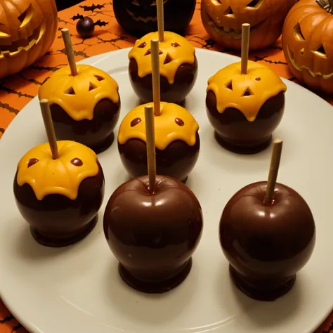 chocolate melting, caramel melting, (halloween:1.3) theme, halloween candy apple, (apple:1.1) (apple:1.2), candy,  <lora:MacadoAmor:0.1>