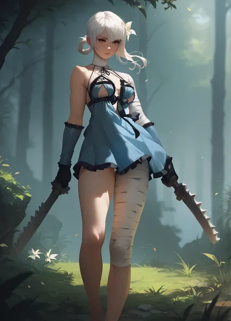 <lora:32dim-Nier_Kaine-PONY:1> kainedef, solo, white hair, hair flower, negligee, gloves, bandaged shoulder, bandaged leg, dual wield, sword, outdoors, nature, score_9, score_8_up, score_7_up, score_6_up,