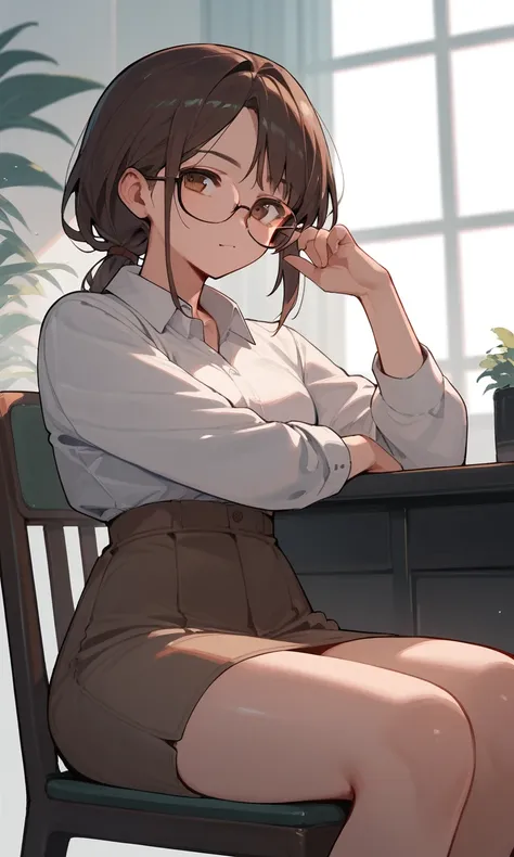 LSP_style, LSP_style, score_9, score_8_up, score_7_up, score_6_up, score_5_up, score_4_up, source_anime, brown low ponytail hairstyle girl wearing glasses is sitting on chair, 