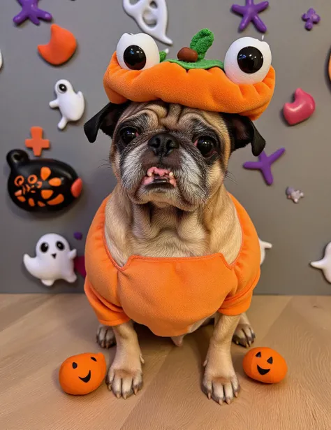 aidmaMJ6.1, A playful photograph of a charming pug dressed in a humorous pumpkin costume, complete with a silly hat and oversized eyes, surrounded by colorful Halloween decorations like whimsical ghosts and cheerful bats, looking adorably confused., Chuck_...