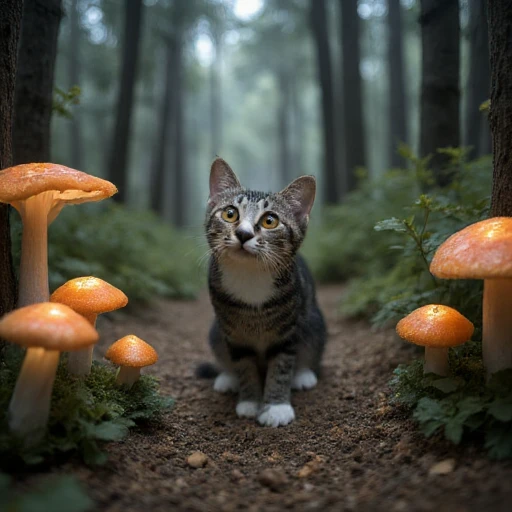 A magical scene of the cat wandering through an enchanted forest, surrounded by glowing mushrooms and twinkling fairy lights. The cat’s curious expression reflects its sense of adventure as it investigates the mysterious surroundings. Soft whispers of the ...