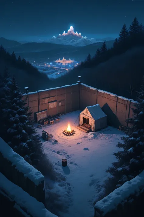 there is a small tent in the snow with a fire in it